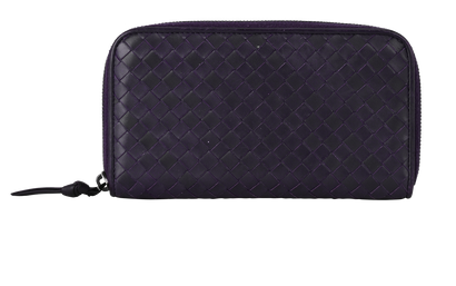 Bottega Veneta Intrecciato Zip Around Long Wallet, &pound;180, Accessories, Purple, Leather, Front view